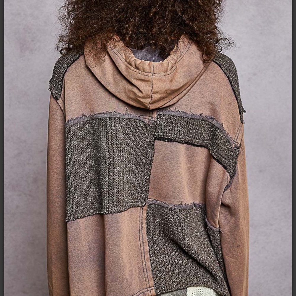 P89–POL Floral Patchwork Hoodie - Brown and Gray - Picture 3 of 3